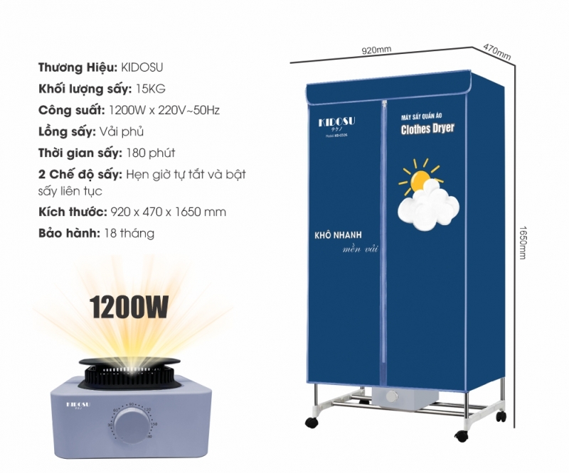 Máy Sấy Quần Áo Kidosu KD-CD26